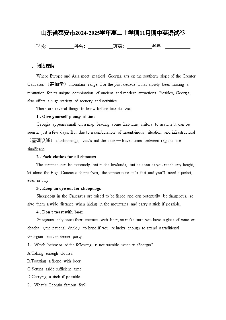 山东省泰安市2024-2025学年高二上学期11月期中英语试卷(含答案)第1页