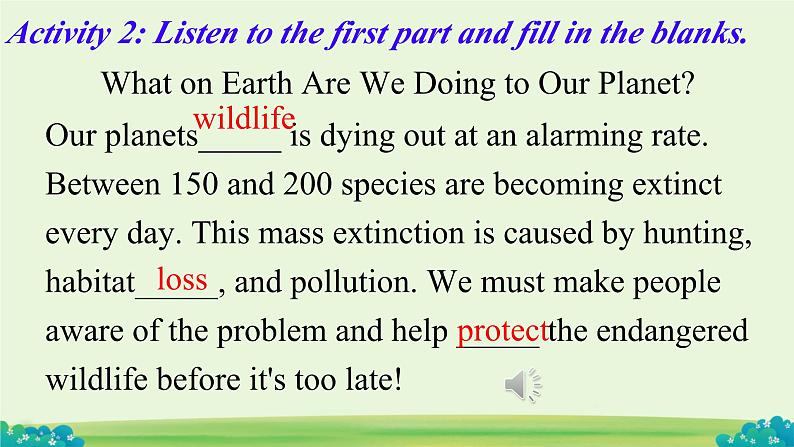 Unit 2 Wildlife protection Listening and Speaking 课件 2024-2025学年高中英语人教版(2019)必修第二册第8页