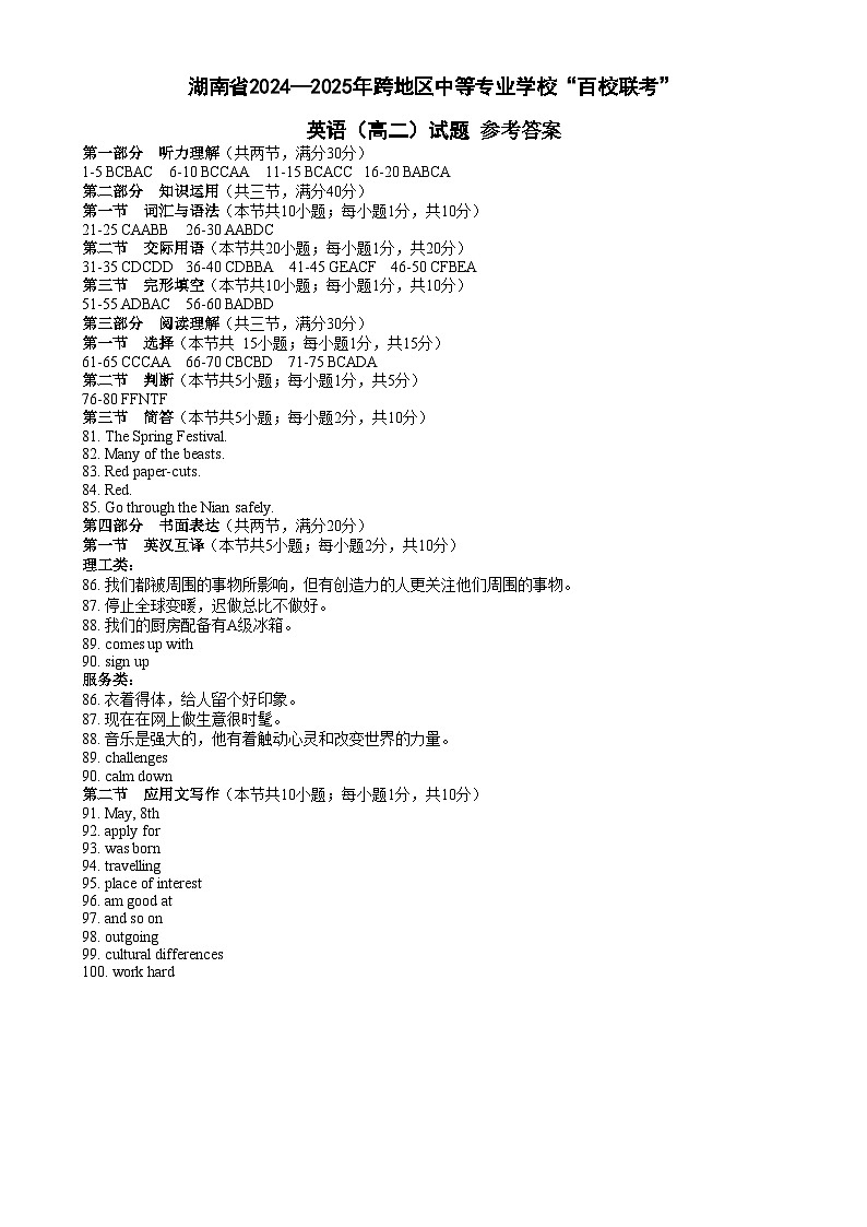 湖南省2024—2025年百校联考·英语(高二)答案第1页