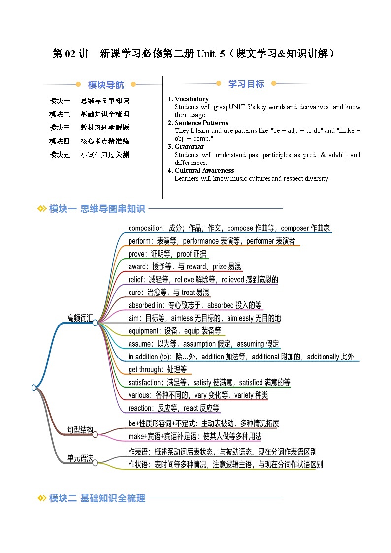 寒假预习-第02讲 必修二 Unit5 课文学习&知识点讲练(教师版)2025年高一英语寒假衔接讲练 (人教版)第1页