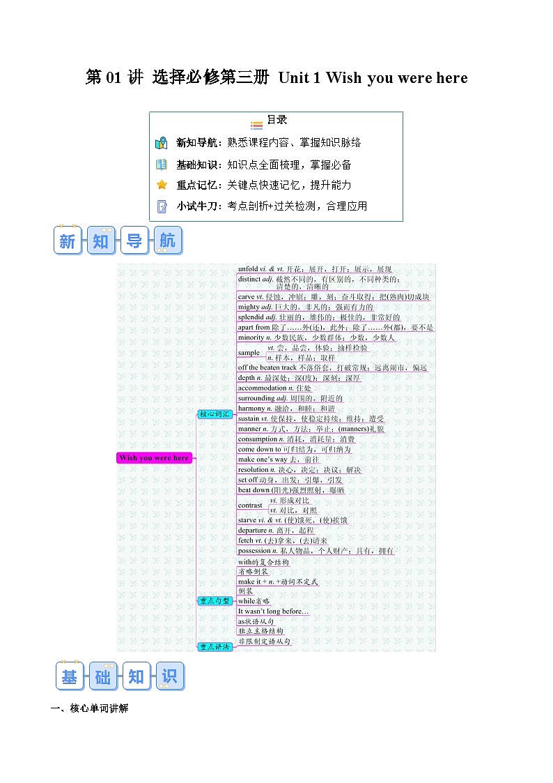 ②寒假预习-第01讲 选择必修第三册 Unit 1 Wish you were here(知识讲解+高考必考题型练)(教师版)2025年高二英语寒假衔接讲练 (译林版)第1页