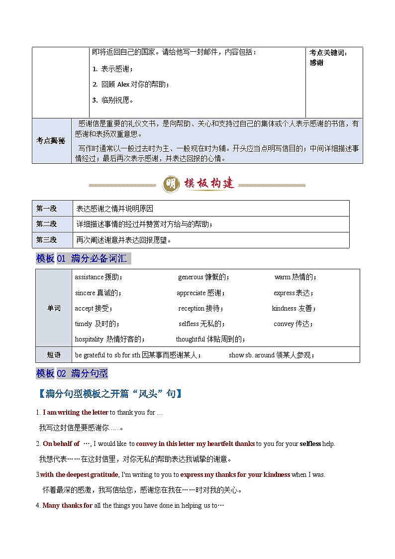 模板09 感谢信 -原卷版(答题模板)-2025年高考英语答题技巧与模板构建第2页