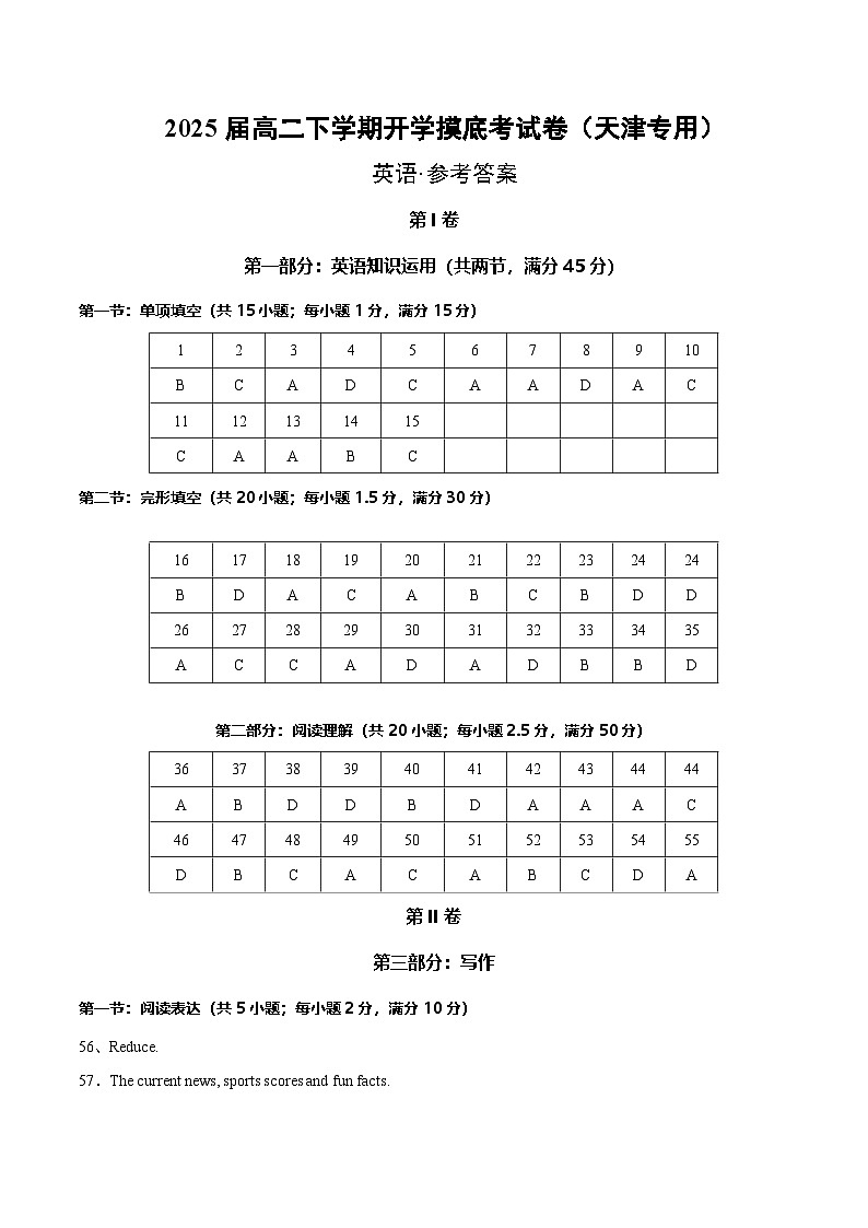 【开学摸底考】2024-2025学年春季期高二英语开学摸底考(天津专用)(参考答案)第1页