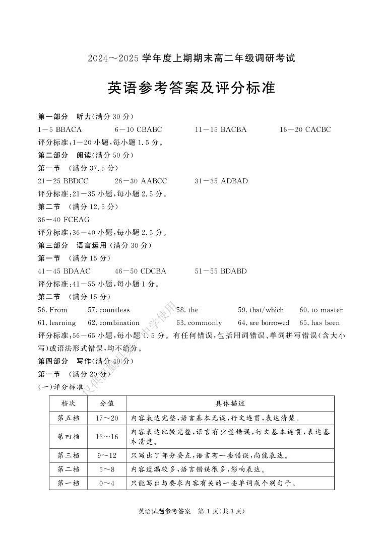 四川省成都市2026届高二上期期末统一调研考试英语答案第1页