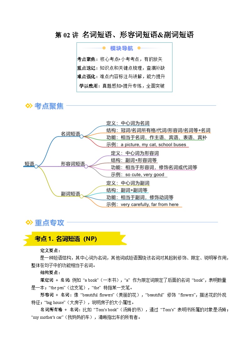 ①寒假复习-第02讲 名词短语、形容词短语&副词短语（学生版）2025年高一英语寒假衔接讲练 (人教版)