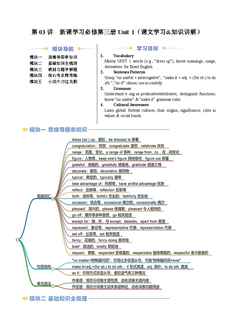 人教版高一英语寒假讲练②寒假预习-第03讲 必修三 Unit1 课文学习&知识点讲练(学生版)第1页
