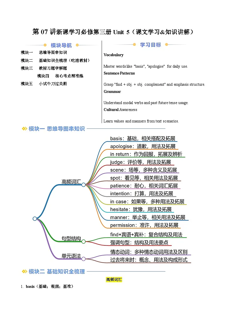 人教版高一英语寒假讲练②寒假预习-第07讲 必修三 Unit5 课文学习&知识点讲练(学生版)第1页