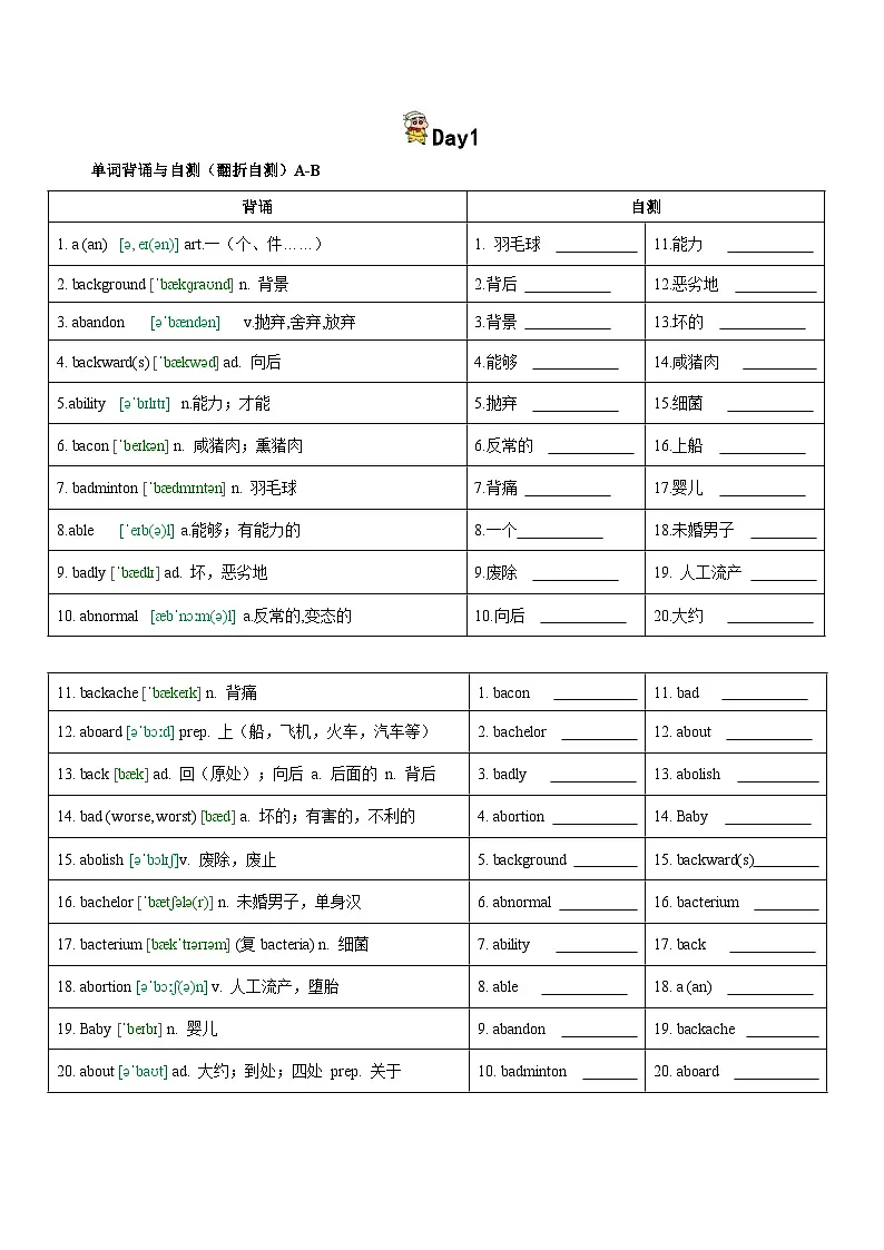第1轮:3500词高频词汇记背手册10天默写(高考英语单词) -2025年高考英语冲刺抢押秘籍专题讲练(新高考通用)原卷版第1页