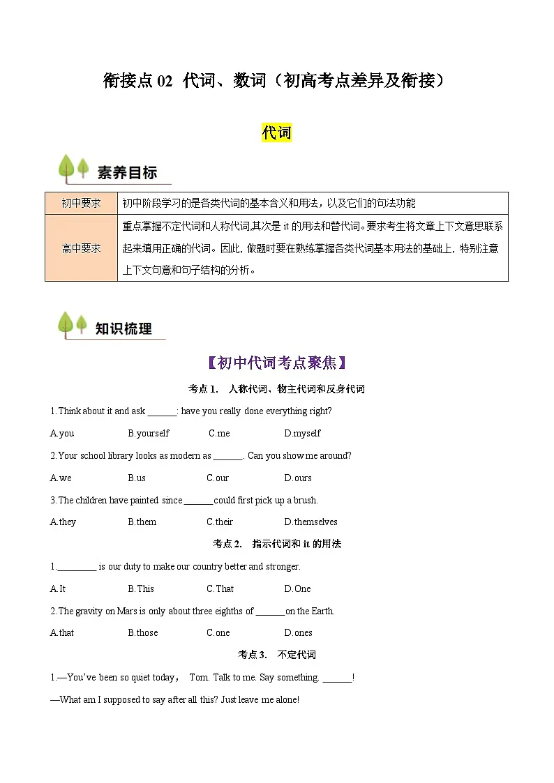 衔接点02 代词、数词(初高考点差异及衔接)(原卷版)第1页
