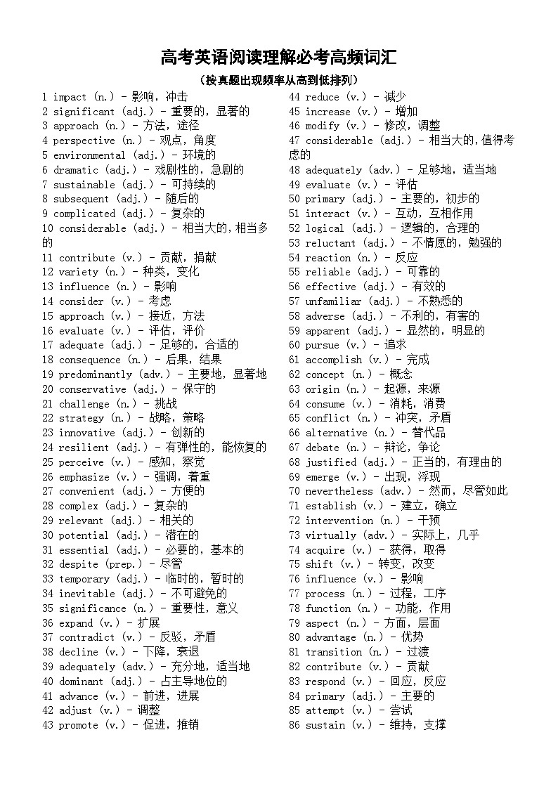 高中英语2025届高考阅读理解必考高频词汇(按真题出现频率从高到低排列,共300个)第1页