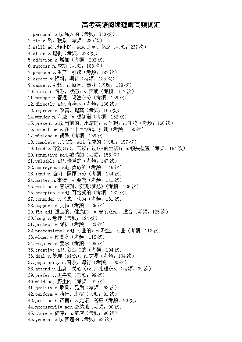 高中英语2025届高考阅读理解高频词汇(按真题出现次数由高到低排列,共120个)第1页