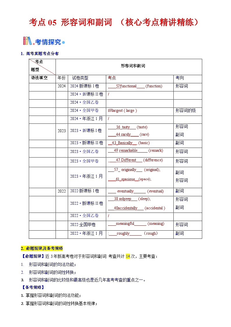 备战高考英语(核心考点精讲精练)考点05 形容词和副词(原卷版)第1页