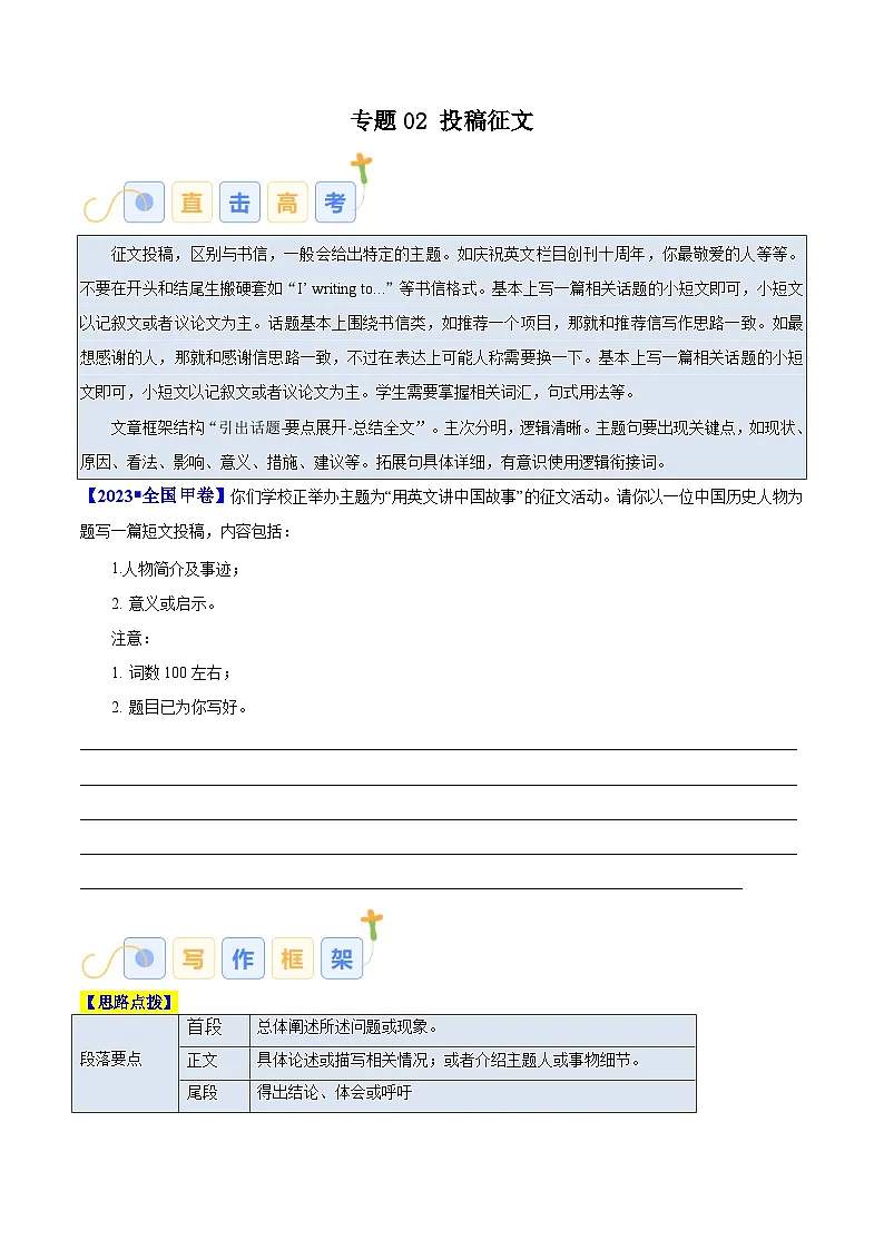 高考英语二轮复习写作常考题型突破练习专题02 投稿征文(原卷版)第1页