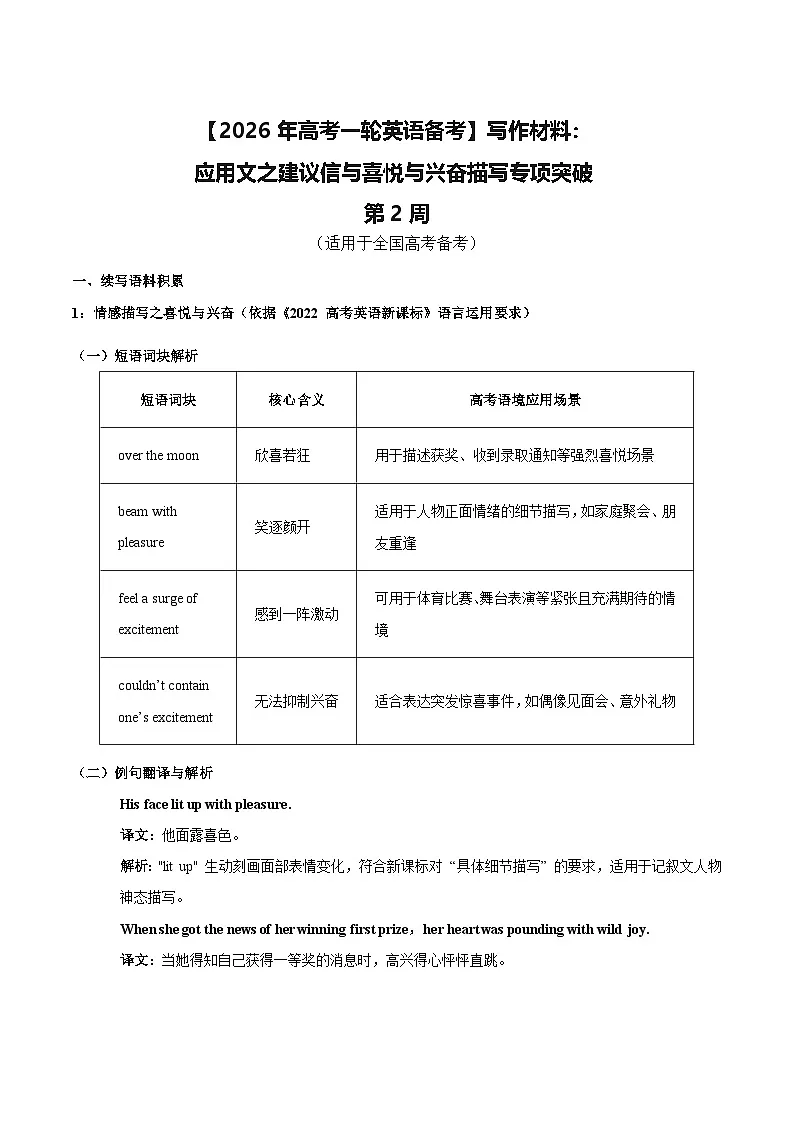 【2026年高考一轮英语备考】写作材料:应用文之建议信与喜悦与兴奋描写专项突破 第2周 讲练 (适用于全国高考备考)第1页