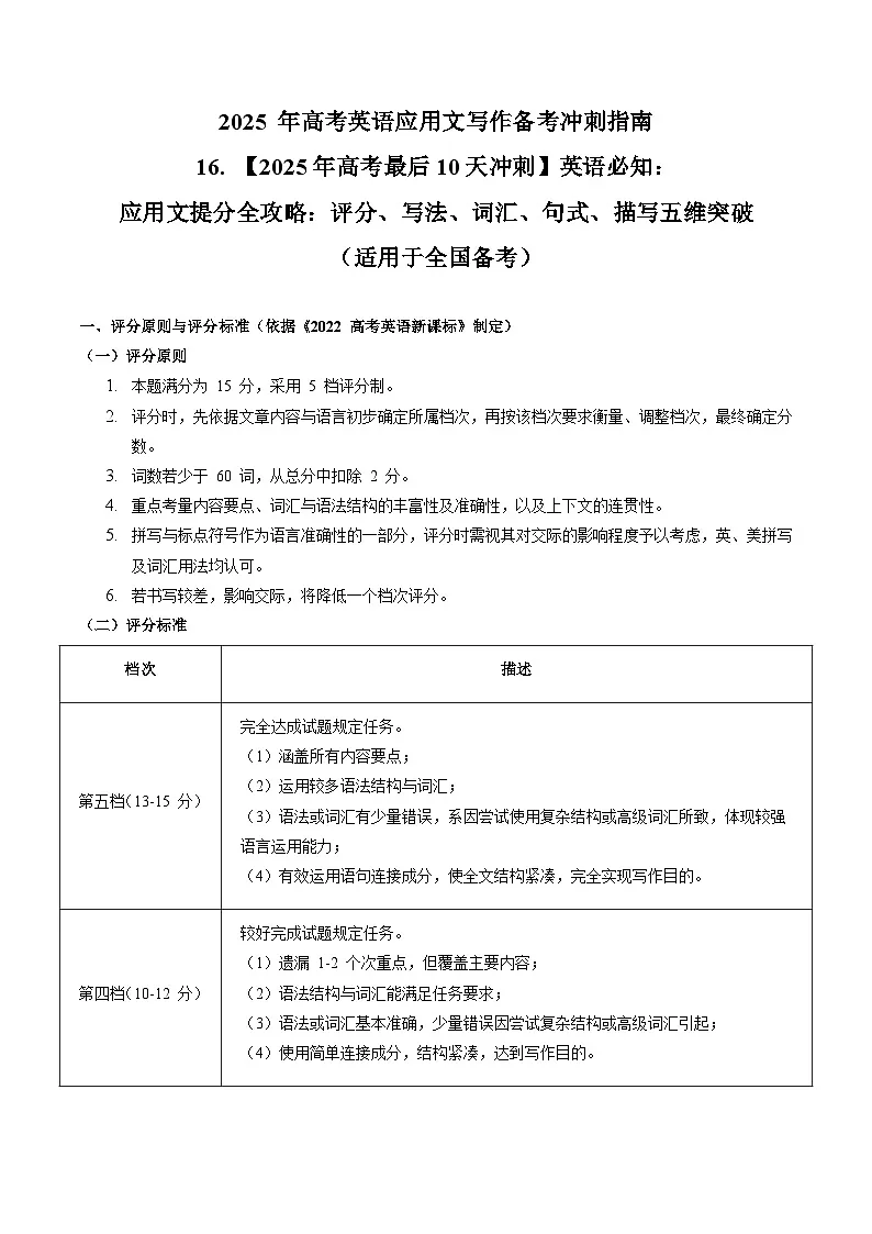 16. 【2025年高考最后10天冲刺】英语必知:应用文提分全攻略:评分、写法、词汇、句式与描写的五维突破 (适用于全国备考)第1页