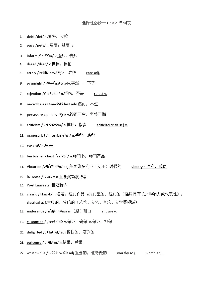 新外研社高中英语 选择性必修一 Unit2单词检测练习题 (听写+默写单)第1页