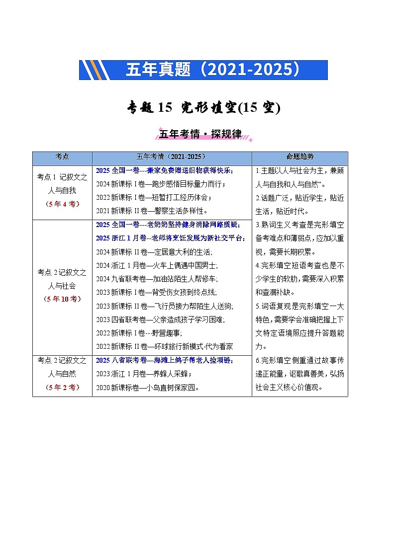 五年(2021-2025)高考英语真题分类汇编:专题15 完形埴空(15空)(全国通用)(解析版)第1页