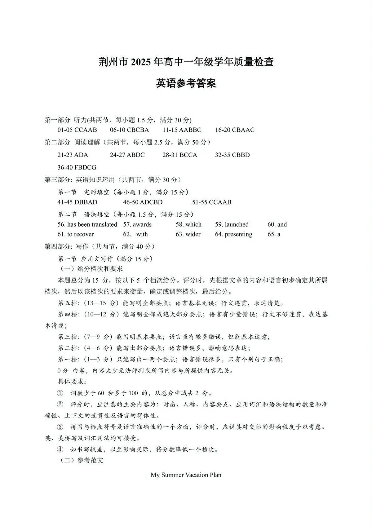 荆州市2024-2025高一下期末-英语答案第1页
