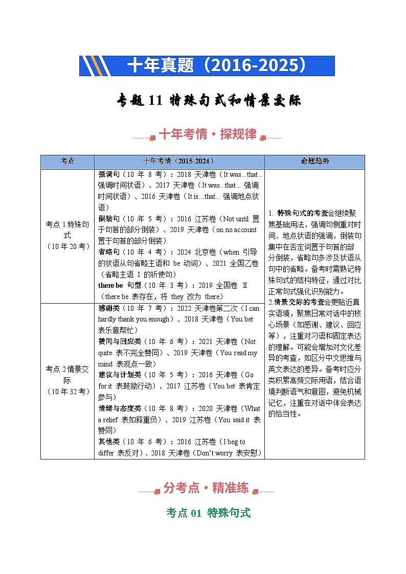 十年（2016-2025）高考英語(yǔ)真題分類匯編：專題11 特殊句式和情景交際（全國(guó)通用）（解析版）第1頁(yè)