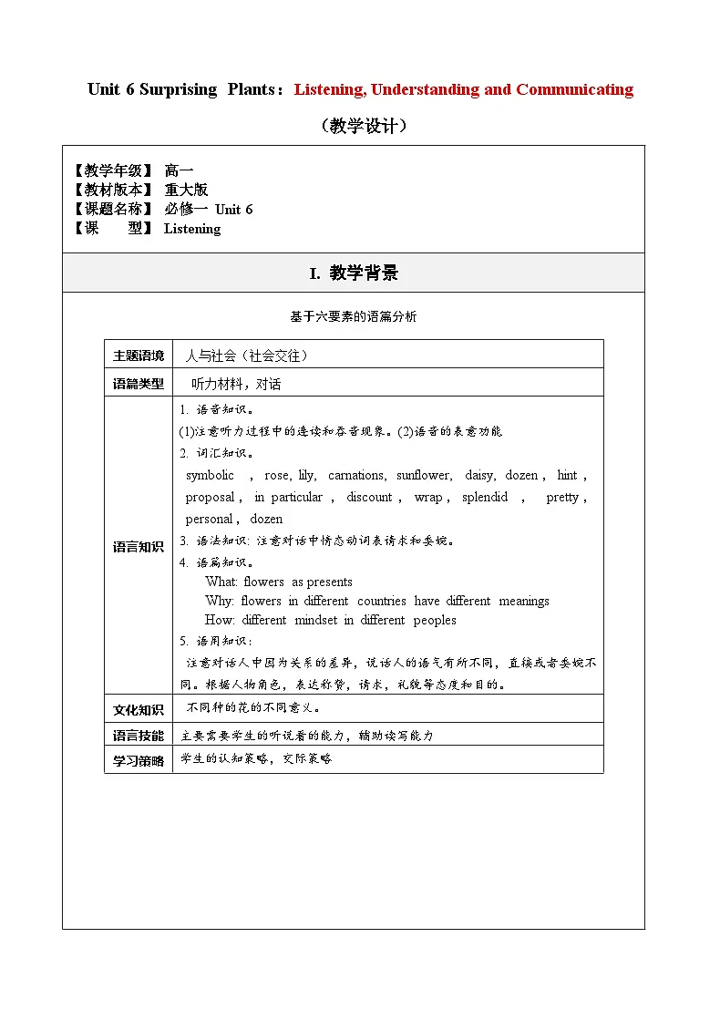 Unit 6 Surprising Plants:Listening, Understanding and Communicating(教学设计) -2024-2025学年(重大版)(2019)英语必修 第一册第1页
