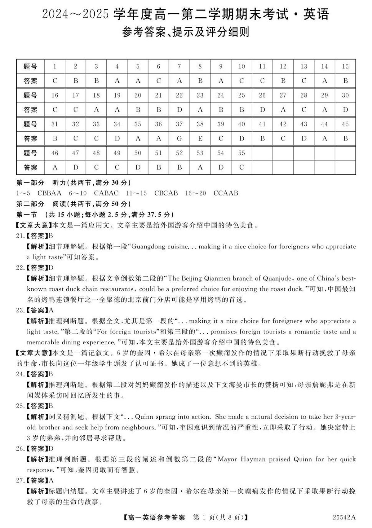高一英语参考答案第1页