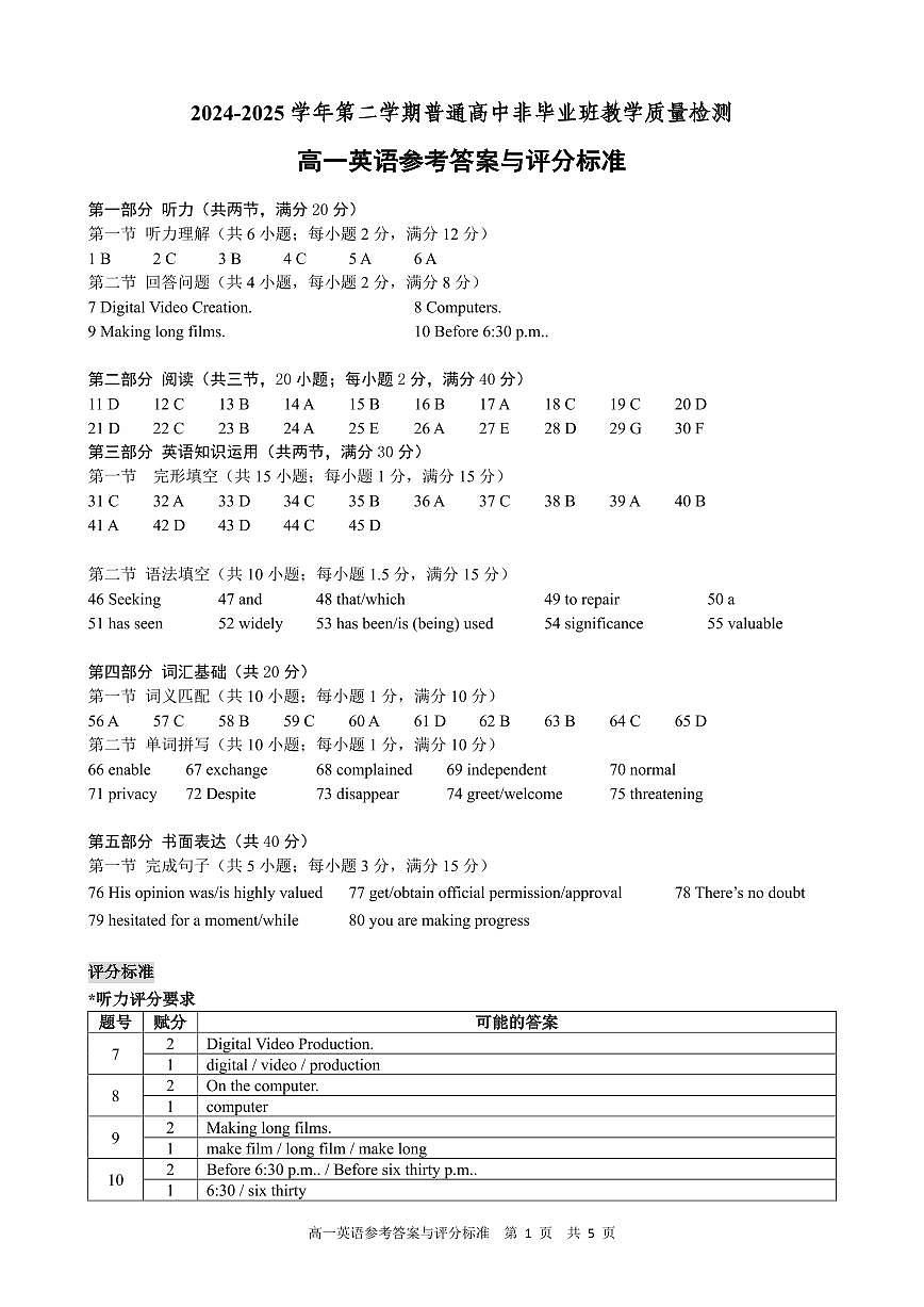 2024-2025学年第二学期非毕业班教学质量检测高一英语答案与评分标准第1页