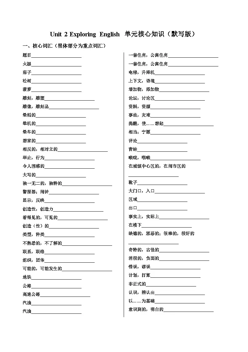外研版高中英语必修第一册Unit2 Exploring English (单元核心知识练习)(默写版)第1页