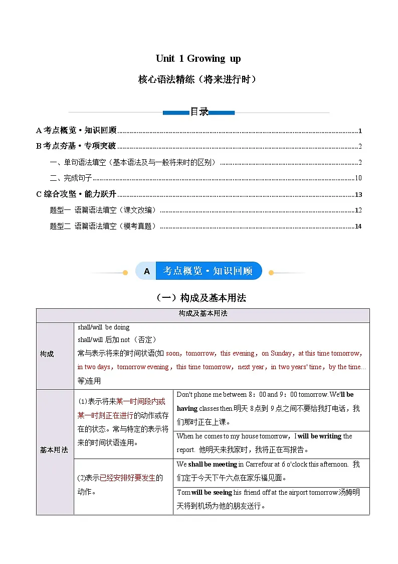 外研版高中英语选择性必修第二册Unit 1 Growing up 将来进行时(单元核心语法精练)(教师版)第1页