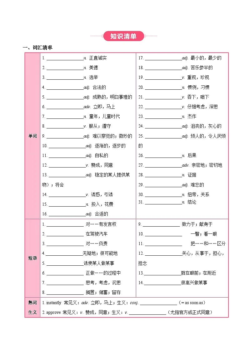 外研版高中英语选择性必修第二册Unit 1 Growing up(知识清单)(挖空版)第2页