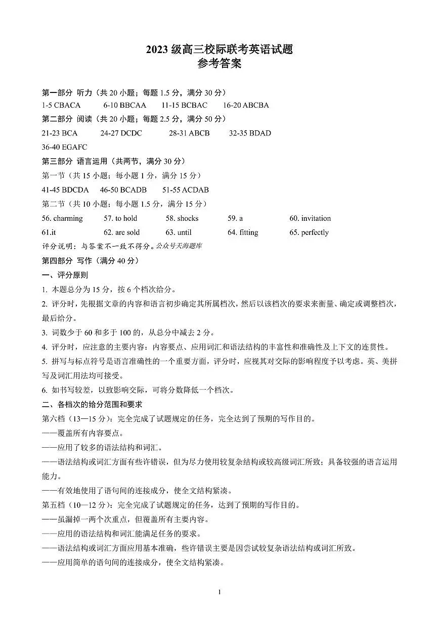 山东省日照市2026届高三年级上学期校际联合考试 英语答案第1页