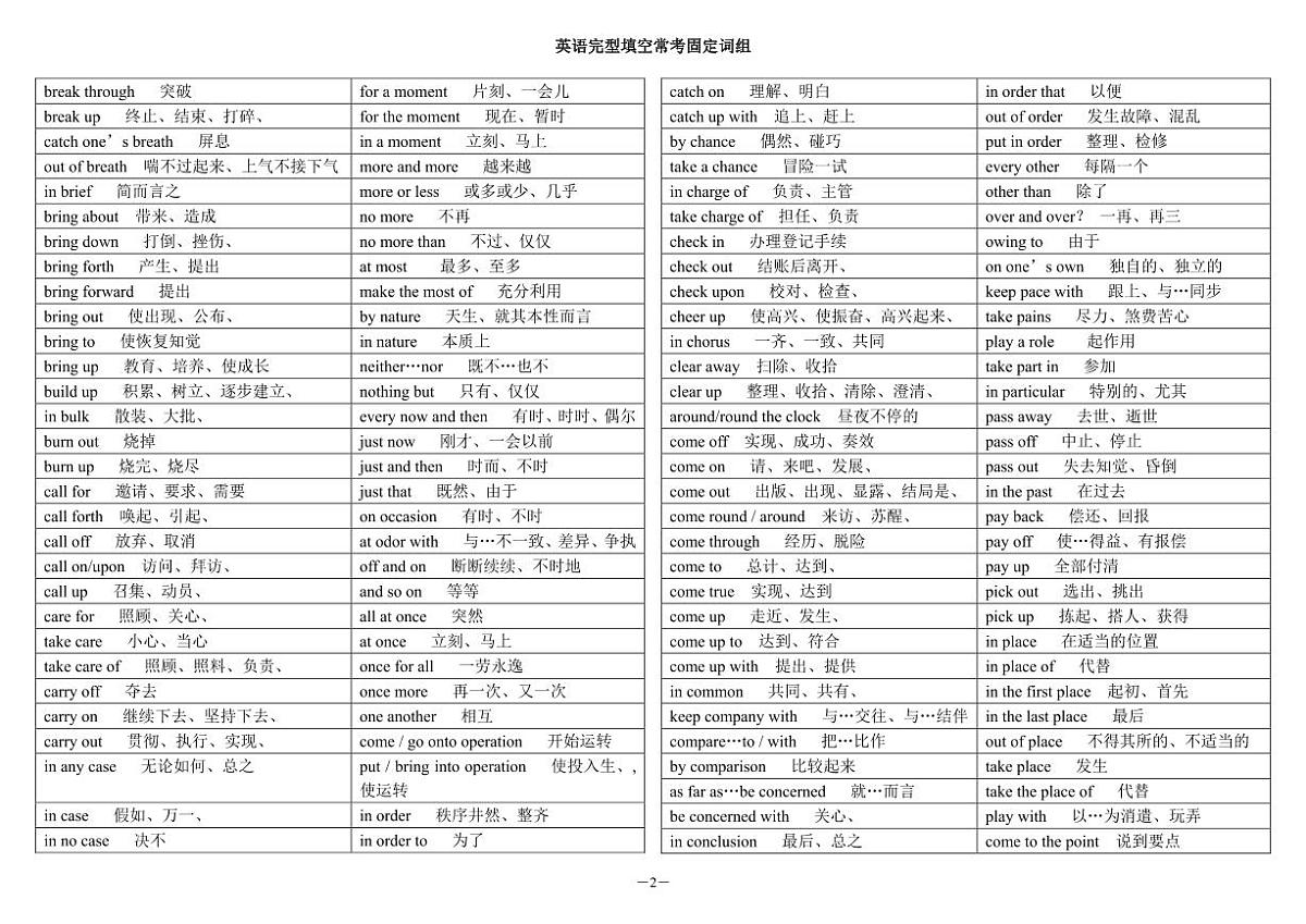 2025-2026高考英语冲刺完型填空常考高频固定词组学案第2页