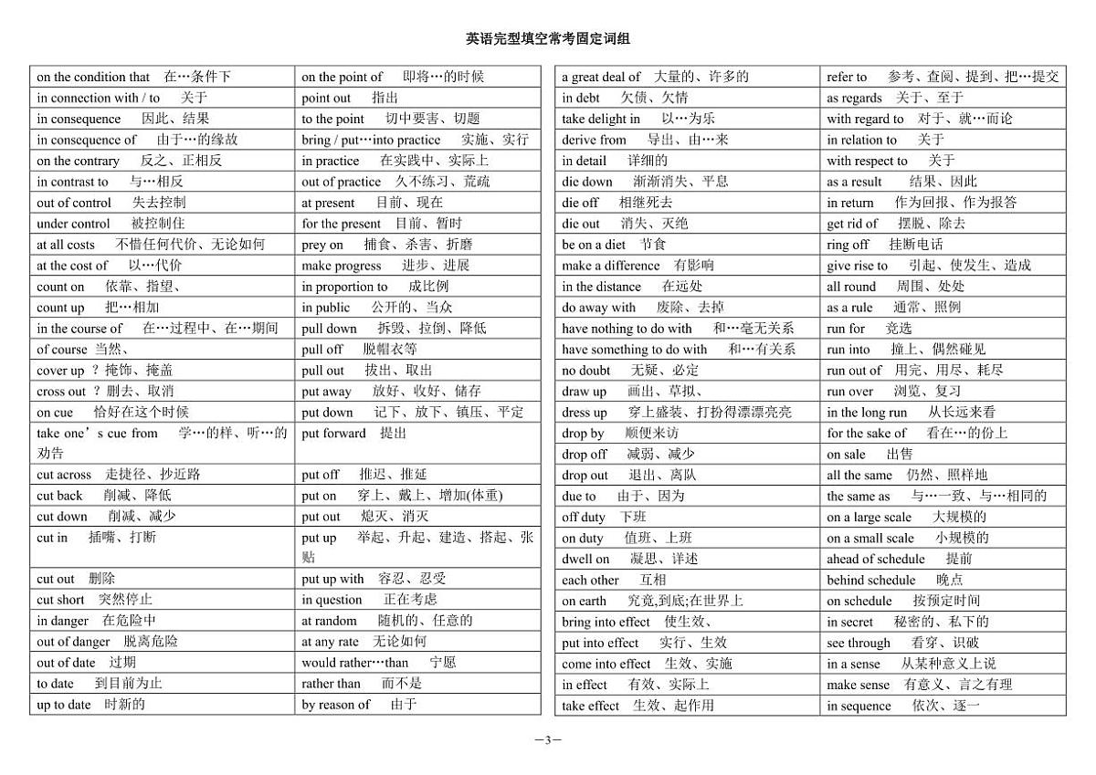 2025-2026高考英语冲刺完型填空常考高频固定词组学案第3页