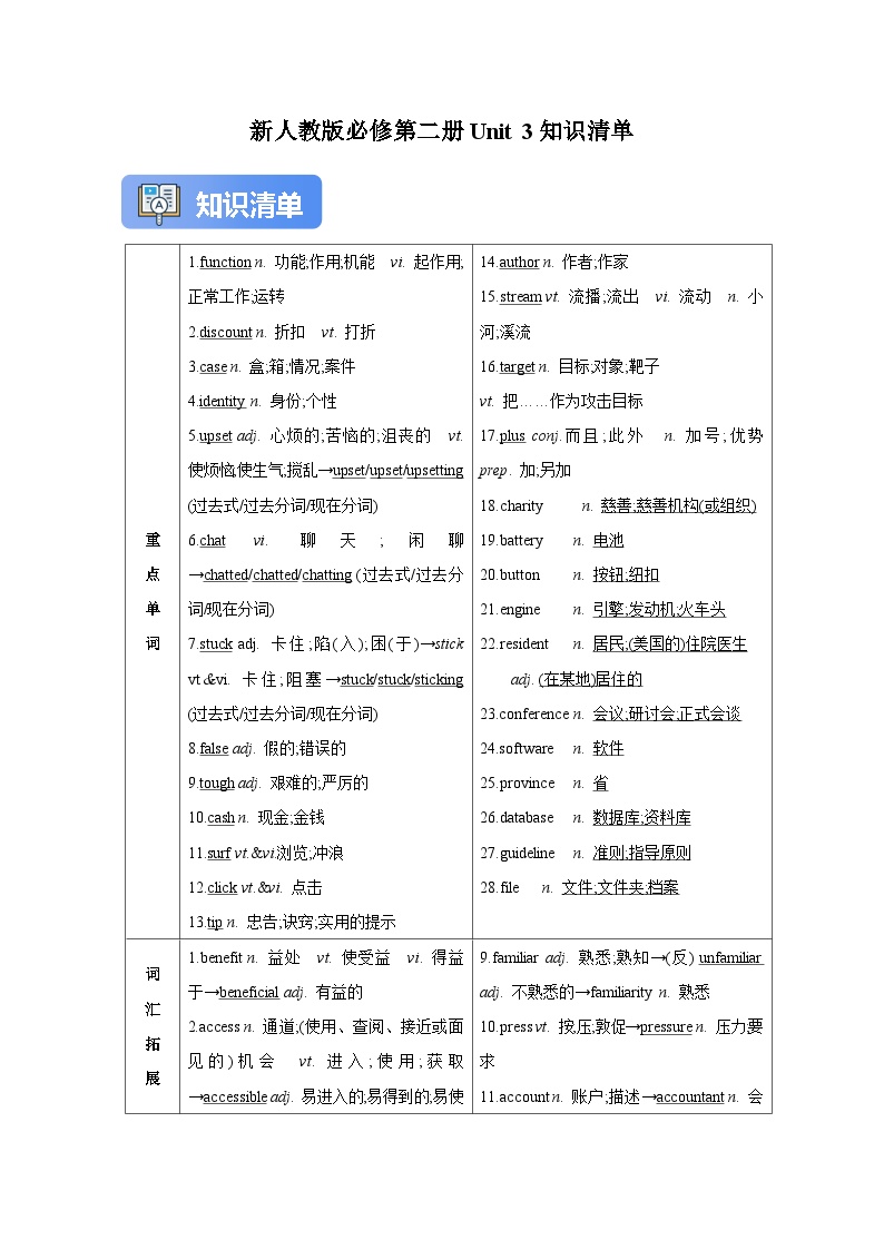新人教版必修第二册Unit 3 知识清单+高考真题链接【2026年新人教高考英语一轮复习教材梳理学案】