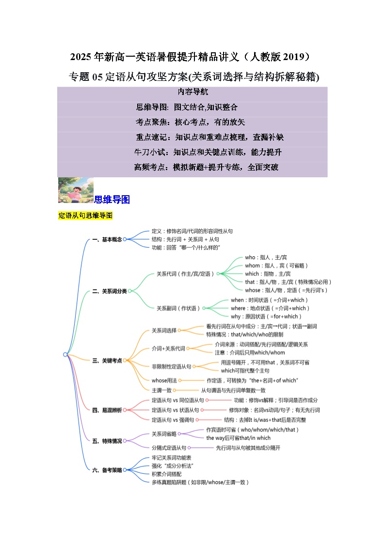 【01-暑假复习】专题05 定语从句攻坚方案 (关系词选择与结构拆解秘籍) (教师版)-2025年新高一英语暑假衔接讲练 (人教版)
