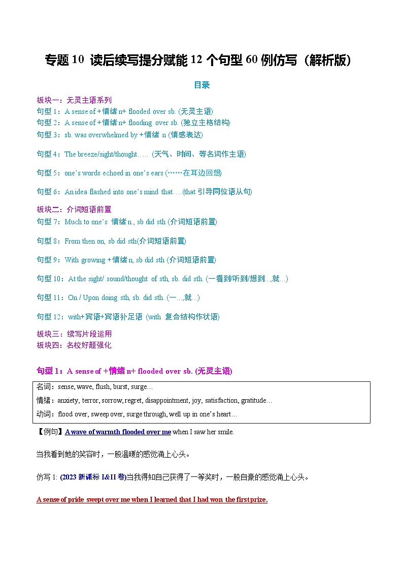 高考英语二轮专题-读后续写提分赋能12个句型60例仿写(知识清单)(教师版)第1页