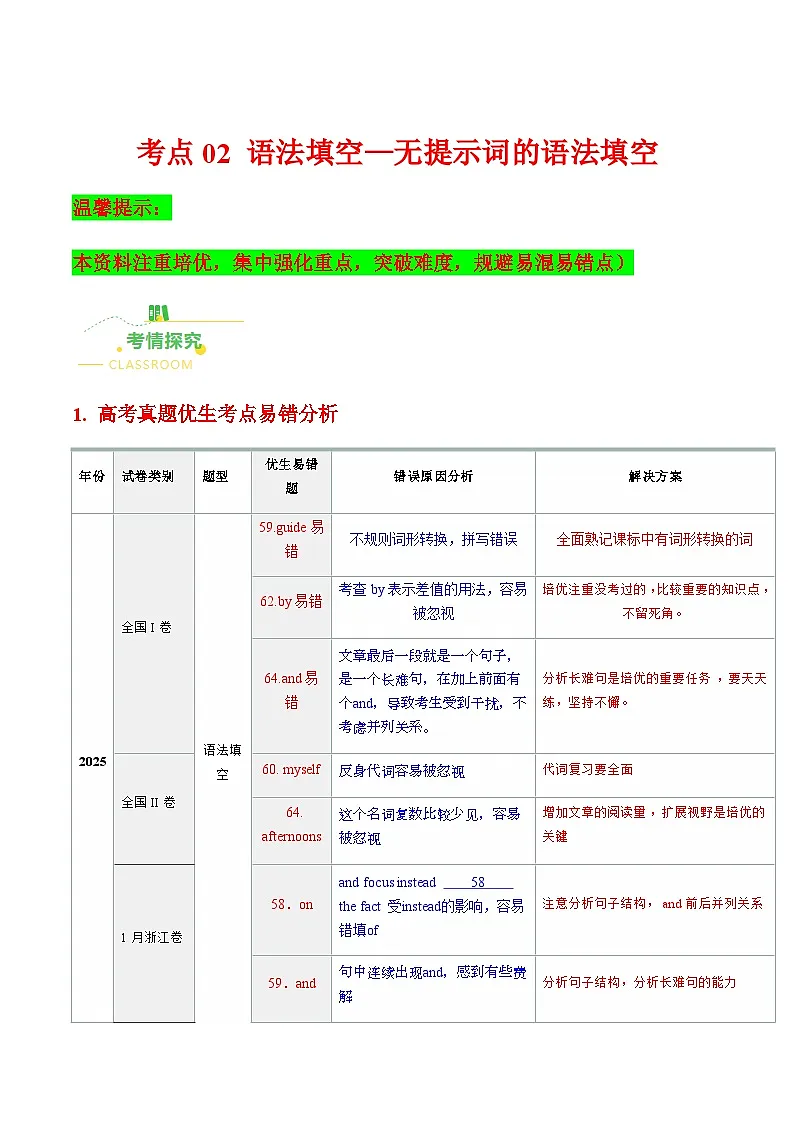 高考英语二轮讲义-语法填空——无提示词的语法填空(核心考点精讲精练)(全国通用)(教师版)第1页