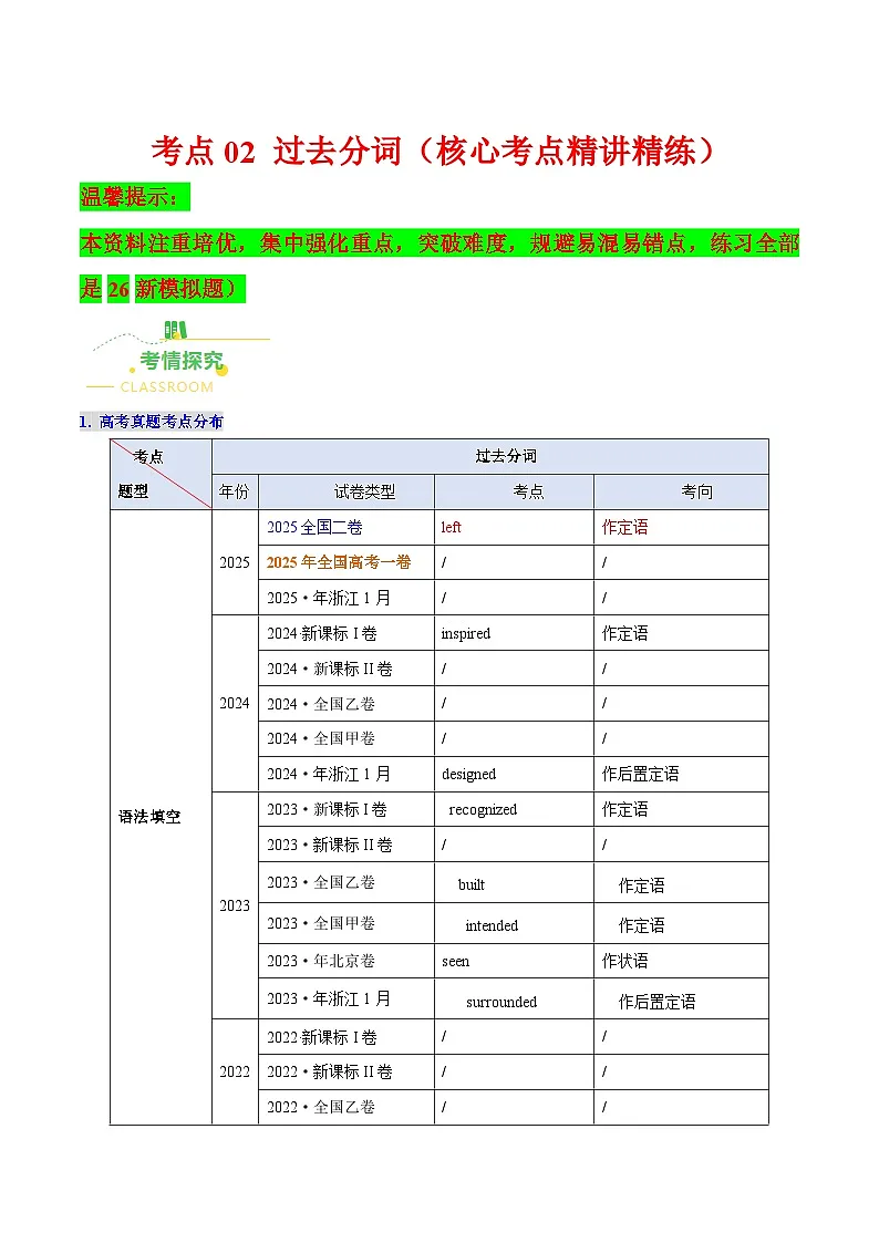 高考英语二轮讲义-过去分词(高效培优精讲精练)(全国通用)(教师版)第1页