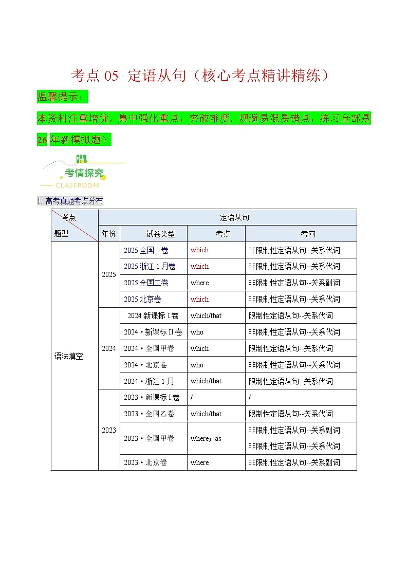 高考英语二轮讲义-定语从句(核心考点精讲精练)(教师版)第1页