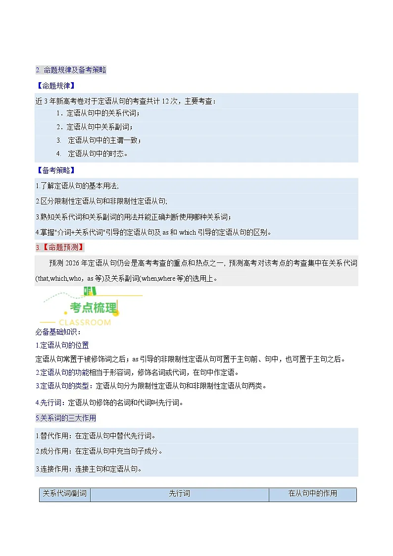 高考英语二轮讲义-定语从句(核心考点精讲精练)(教师版)第2页