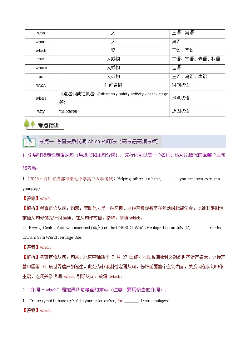高考英语二轮讲义-定语从句(核心考点精讲精练)(教师版)第3页