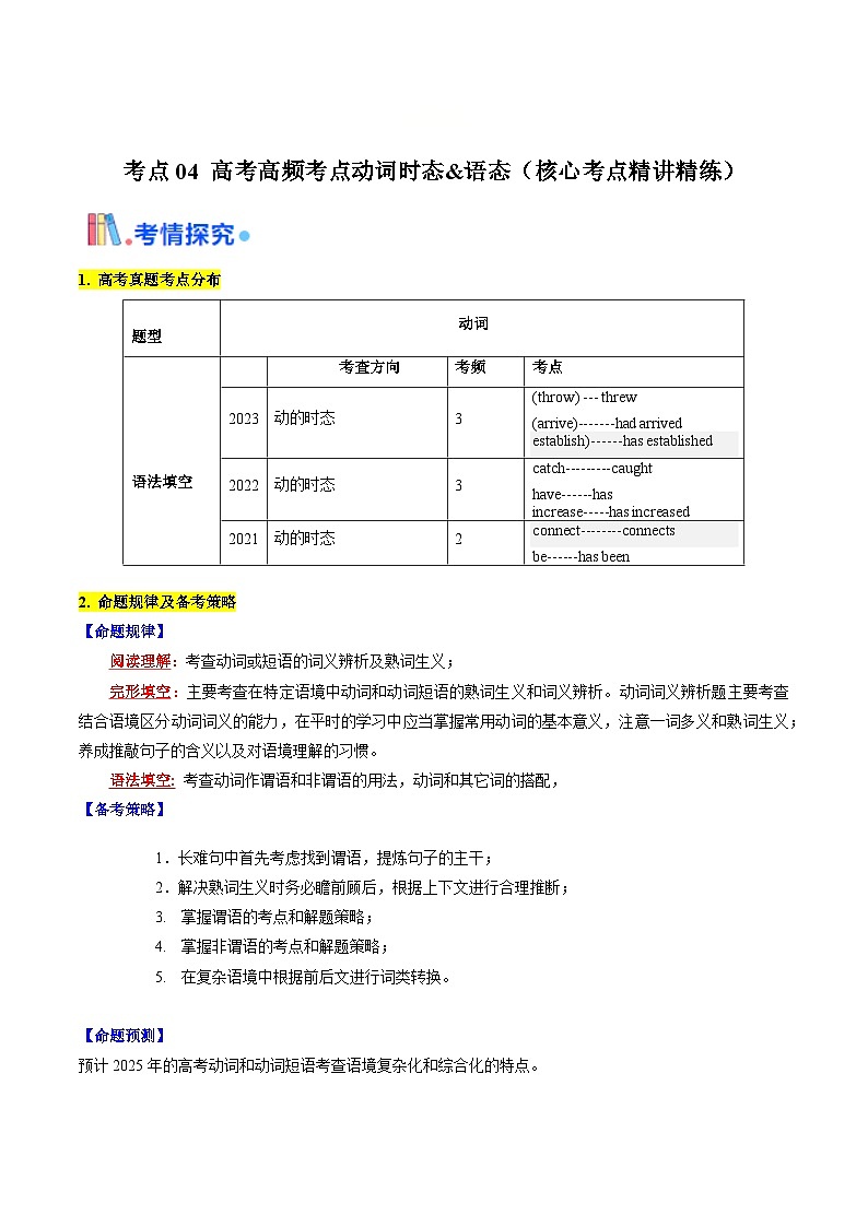 高考英语一轮讲义-高考高频考点动词时态&语态(教师版)第1页