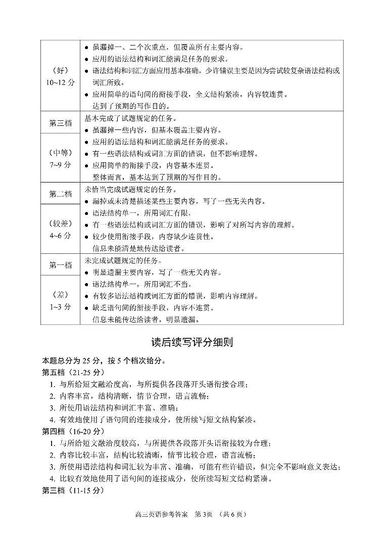 英语试题参考答案及评分标准第3页
