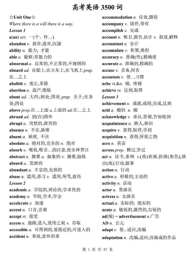 高考英语第二轮复习高考高频常考核心必背词汇3500词知识点(无音标)第1页