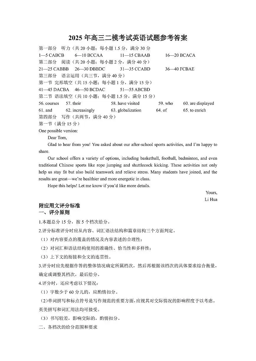 山东省菏泽市2025年高三二模考试英语答案第1页