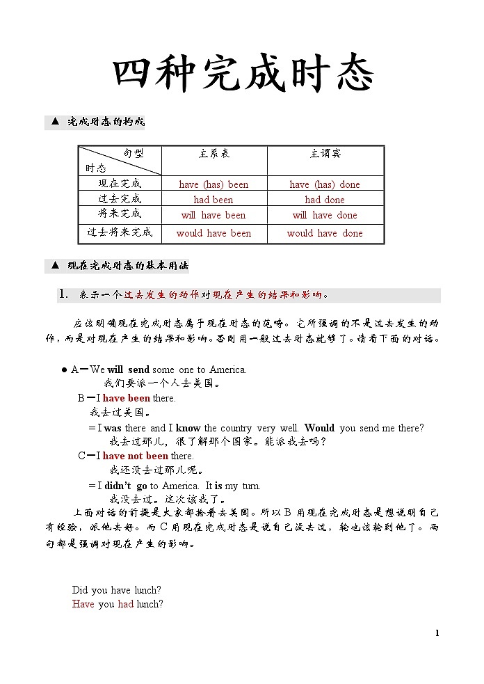 高中英语语法一轮复习讲义——四种完成时态01