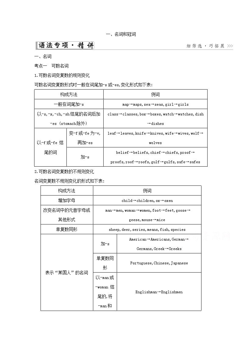 2021高考英语人教版一轮教师用书:第二部分 语法专题一、名词和冠词01