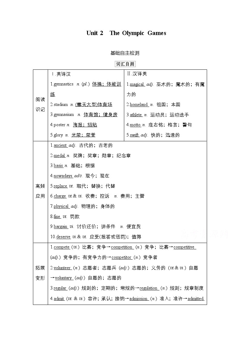 2021高三统考人教英语一轮(经典版)学案:第一部分Book2Unit2TheOlympicGames01