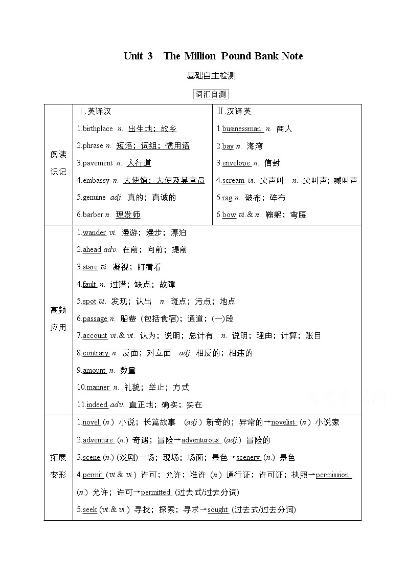 2021高三统考人教英语一轮(经典版)学案:第一部分Book3Unit3TheMillionPoundBankNote01