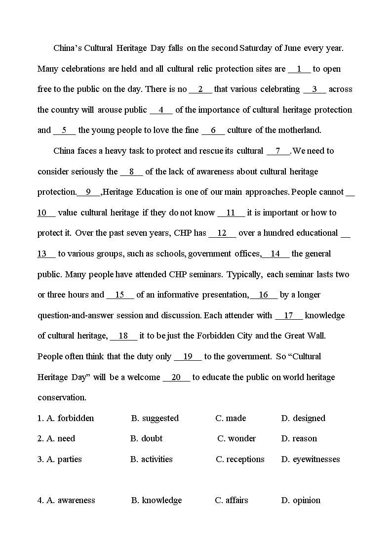 人教版(2019)高一英语必修第二册 Unit 1  Cultural Heritage 单元练习 含答案02