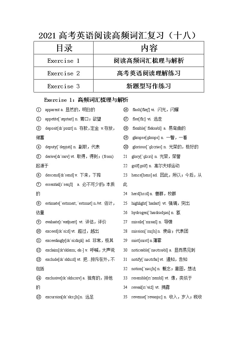 2021届高考英语阅读高频词汇复习(十八) 学案01